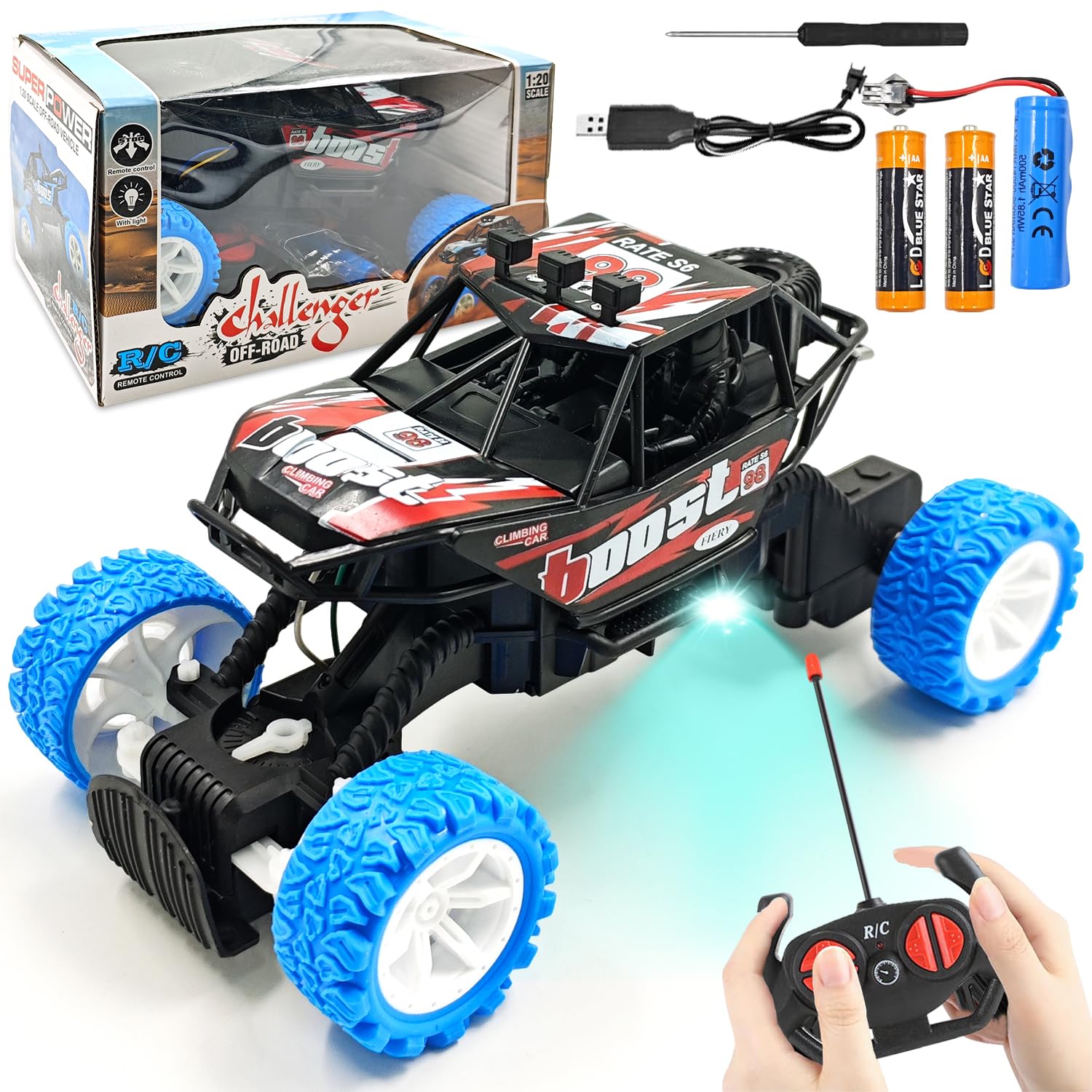 HATFRYF Remote Control Cars, Kids RC Cars High-Speed Off-Road Race Car with Rechargeable Battery, Stunt Car, LED Radio Controlled Truck Toy for Kids Christmas Birthday Gifts for Aged 4 and Up-Red