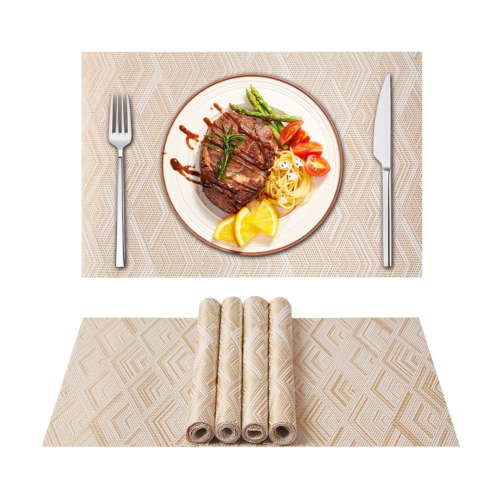 ASYOUWISH Set of 6 PVC Kitchen Table Place Mats, Non-Slip and Washable? Ecological, Ideal for the Kitchen Golden