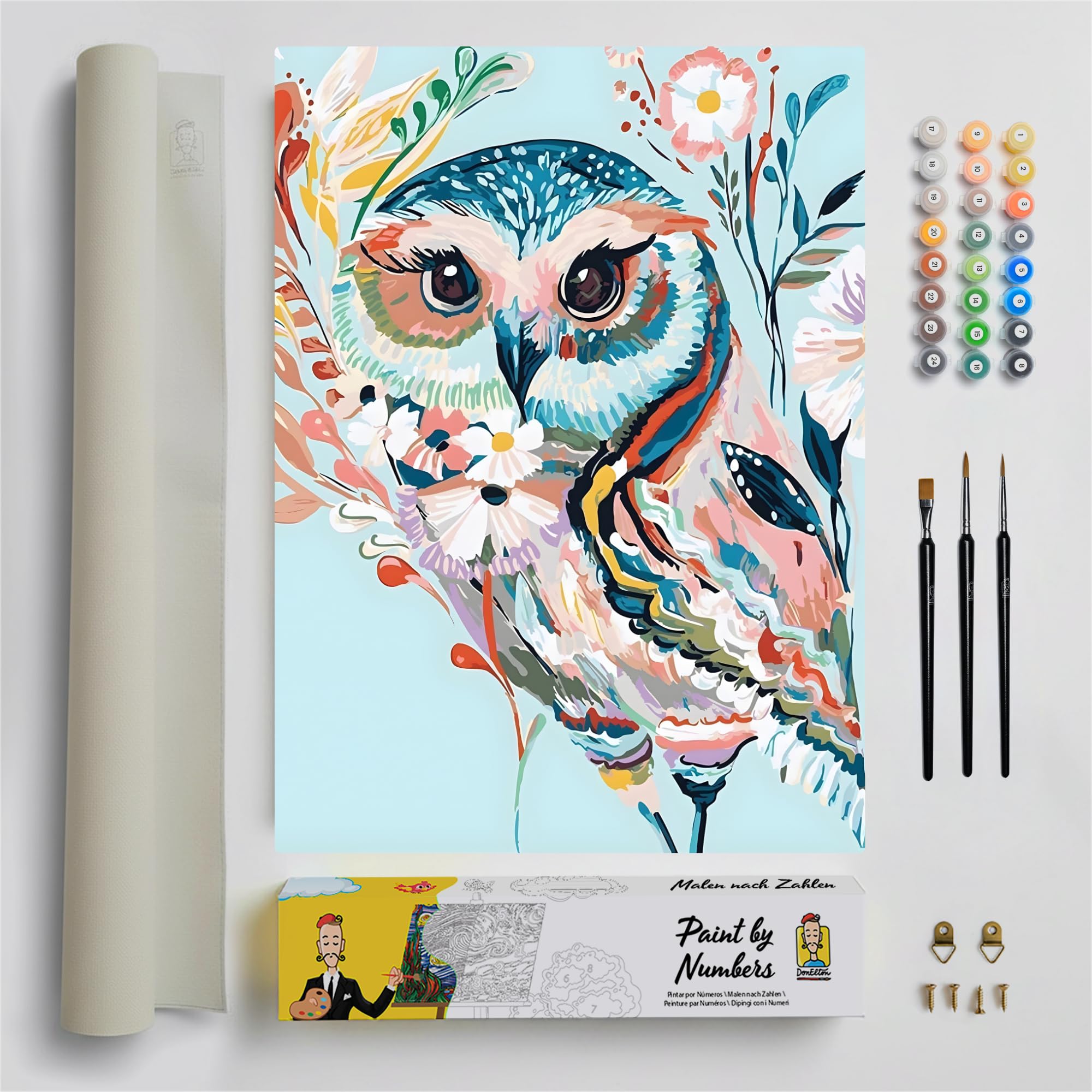 Paint by Numbers for Adults - Owl - DIY Acryic Painting by Numbers Kit with Paint Brushes and Color Paint Set for Beginner Adults and Kids - Easy pre-Drawn Canvas with Paint Numbers