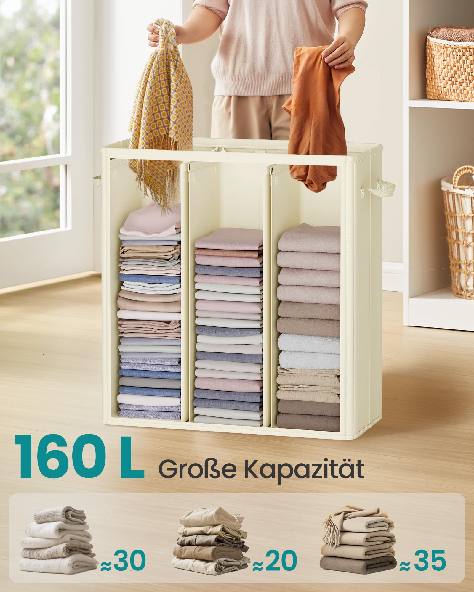 SONGMICS Wäschekorb mit 4 Fächern, 210 L, mit Deckel, 5 Etiketten, herausnehmbarer und waschbarer Innensack, Waschküche Schlafzimmer, dunkelgrau RLH014G01 3