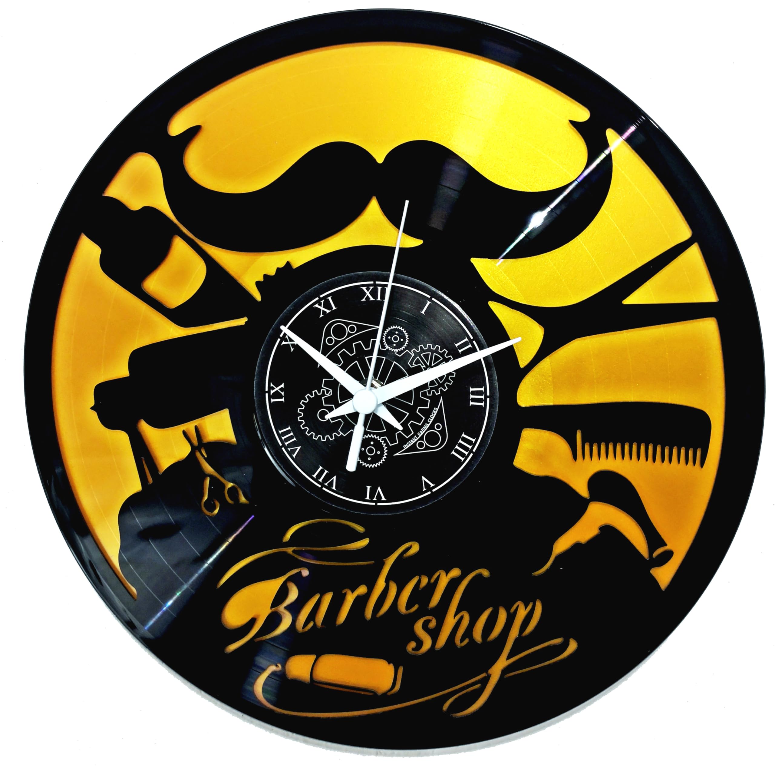 Instant Karma Clocks | Wall Clock | Barber Shop | Hair Salon | Hairdresser Stylist (Black and Gold B2)
