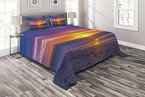 Lunarable Beach Coverlet, Calm Tranquil Sunset at Exotic Sandy Seashore Coastal Dramatic Vibrant Photo, 3 Piece Decorative Quilted Bedspread Set with 2 Pillow Shams, Queen Size, Purple Orange