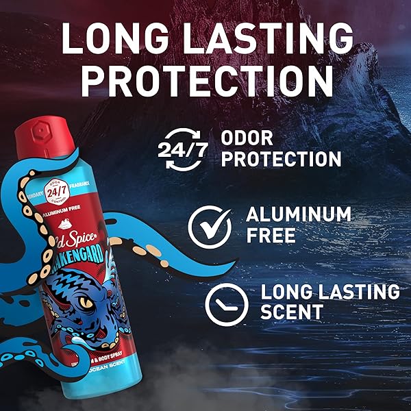 OLD SPICE ALUMINUM FREE BODY SPRAY FOR MEN, 24/7 ODOR PROTECTION, 24/7 LASTING FRAGNANCE & FRESHNESS, COLOGNE QUALITY SCENT, KRAKENGARD WITH DEEP OCEAN SCENT, 5.1 OZ (PACK OF 2)