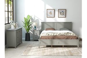 Harper & Bright Designs 3 Pieces Bedroom Set Queen Size Platform Bed with 7-Drawer Dresser and 2-Drawer Nightstand, Solid Wood Bedroom Furniture Set (Gray)