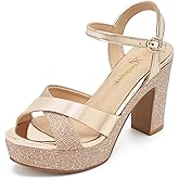 hingswink Womens Sparkly Platform Dress Sandals for Women Chunky Block Heel 3.8 Inch High Heels Open Toe with Strap for Women Comfortable Sexy Dressy Prom Wedding Party Evening Shoes