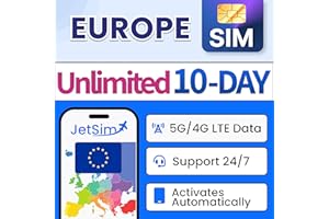 Europe SIM Card (10 Days), Unlimited 5G/4G LTE High-Speed Data, Use in 33 EU Countries France, Italy, Portugal, Spain, Turkey