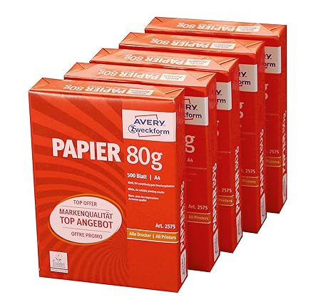 AVERY Zweckform 2575 Drucker-/ Kopierpapier (DIN A4, 80 g/m², 2.500 Blatt, alle Drucker) 1 Box mit 5 Pack weiß