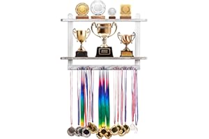 LAVIEVERT Wooden Medal Hanger & Trophy Shelf, Wall-Mounted Race Display with 2 Tier Storage Shelf and 19 Hanging Bars