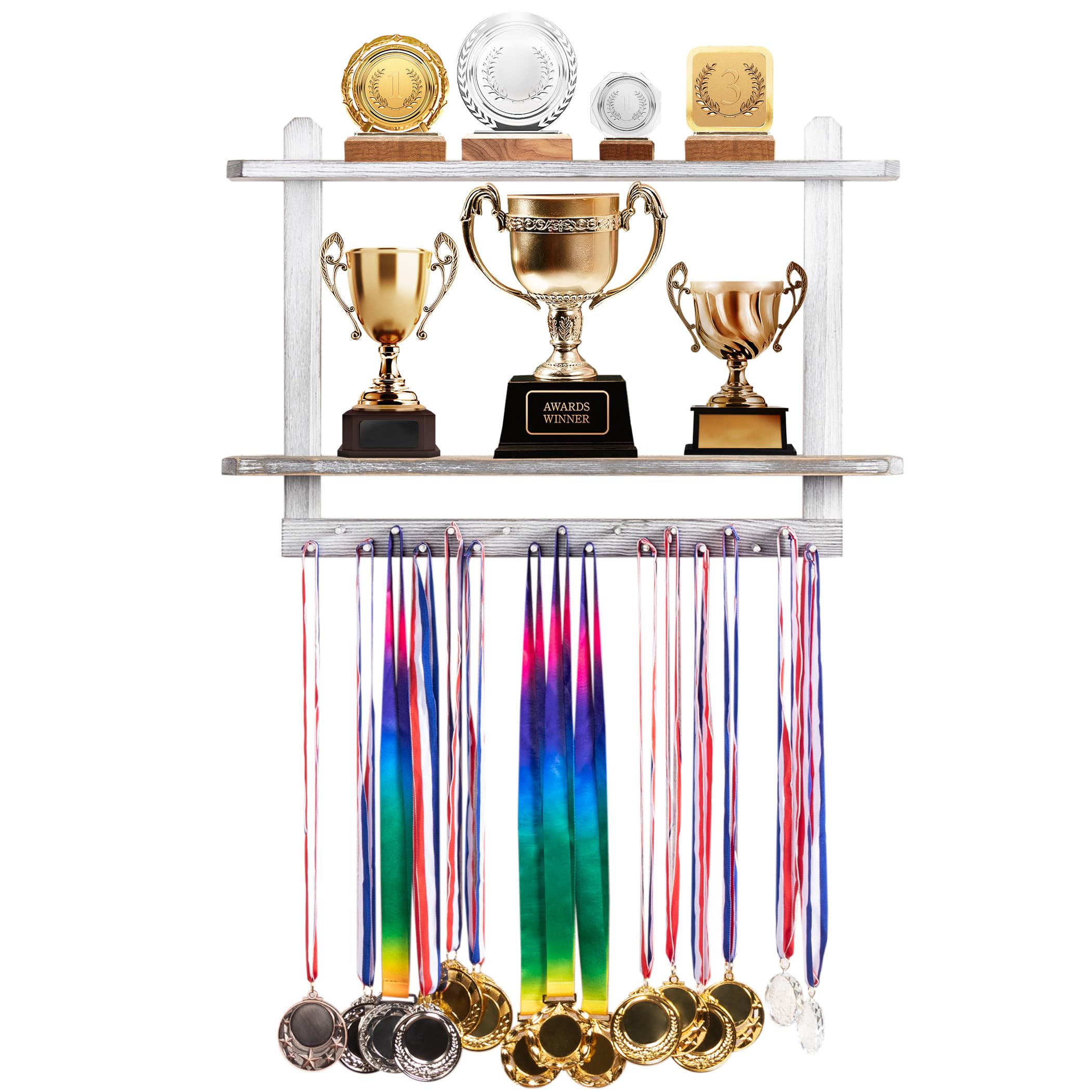 Lavievert Wooden Medal Hanger & Trophy Shelf, Wall-Mounted Race Medal Display with 2 Tier Storage Shelf, Medal Holder Trophy Rack with 19 Hanging Bars