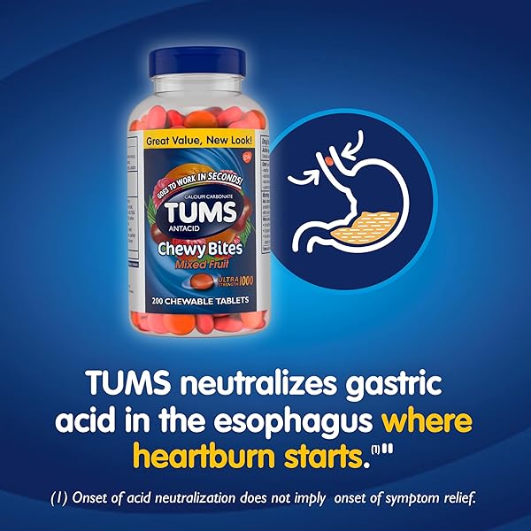 TUMS CHEWY BITES CHEWABLE ANTACID TABLETS FOR ULTRA STRENGTH HEARTBURN RELIEF, GREAT FOR A SUMMER BBQ- MIXED FRUIT – 200 COUNT