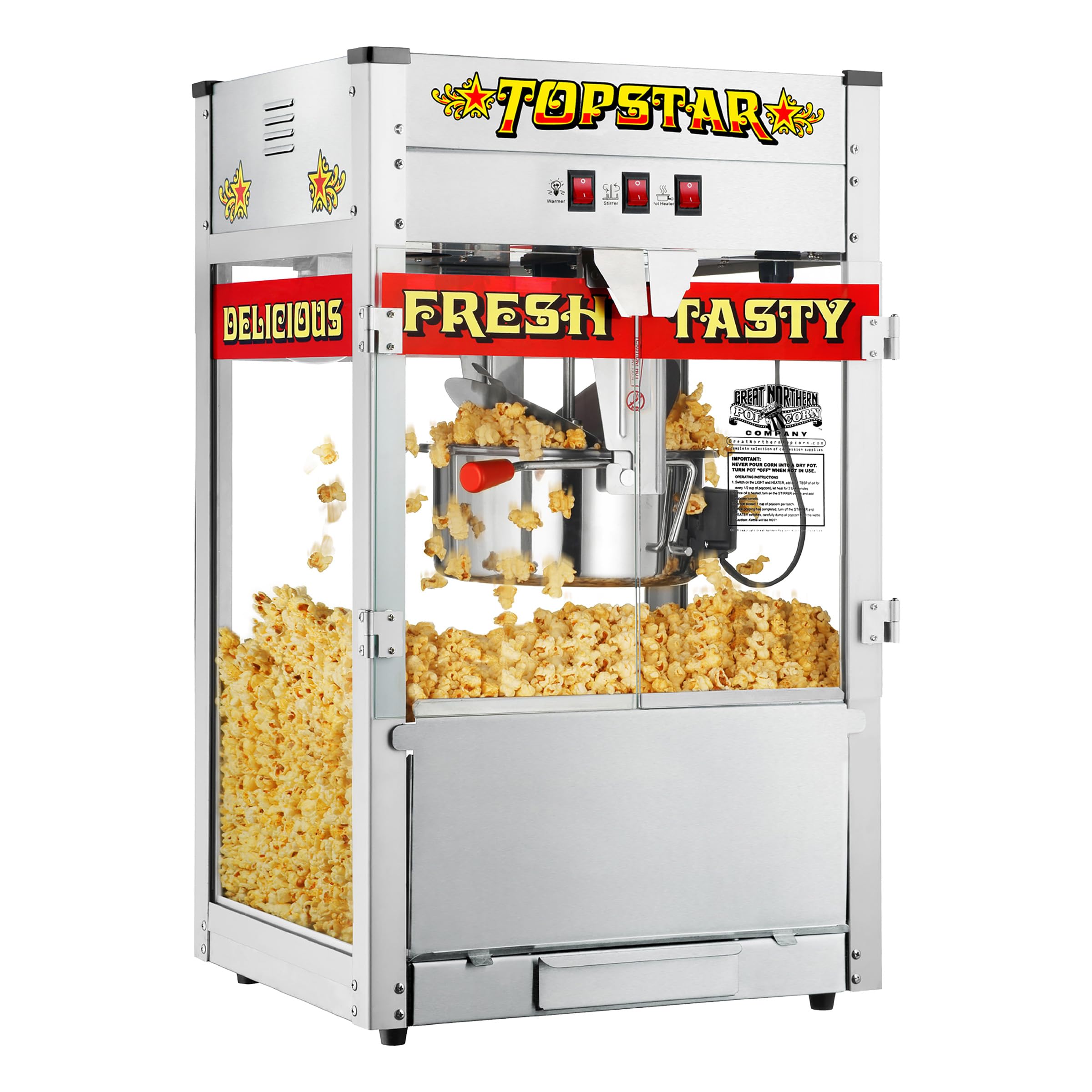 Photo 1 of Top Star Popcorn Machine - 12oz Stainless-Steel Kettle, Reject Kernel Tray, Warming Light, and Accessories by Great Northern Popcorn (Red and Yellow)