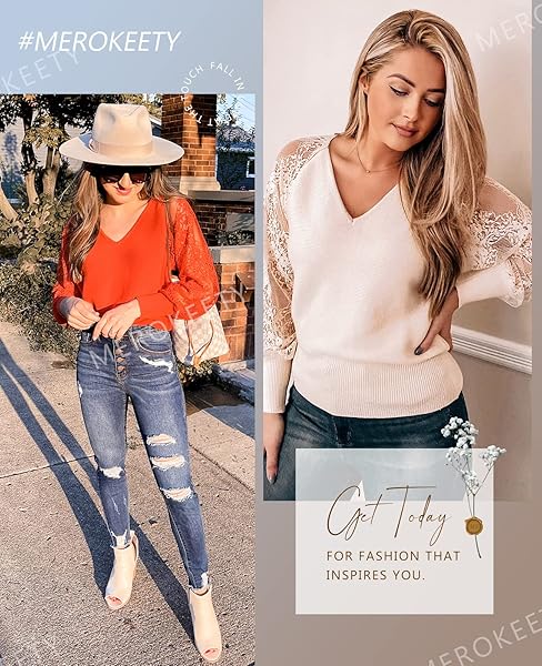 MEROKEETY WOMEN’S 2024 V NECK LACE PATCHWORK LONG BATWING SLEEVE COMFY KNIT PULLOVER SWEATERS ORANGE