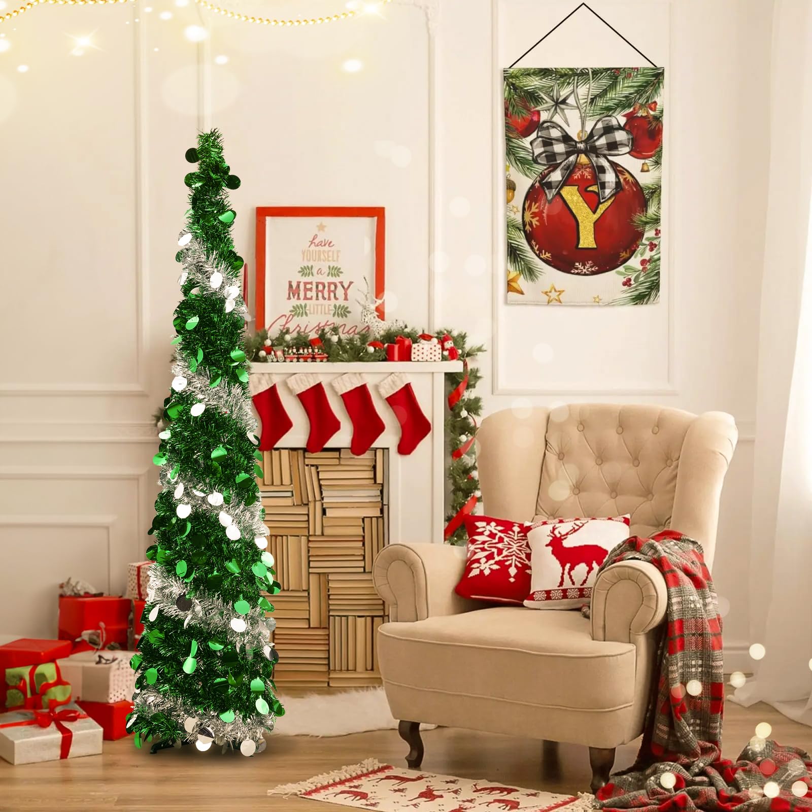 Warmiehomy 5ft/150cm Christmas Decorations Xmas Tree Pop Up Collapsible Christmas Tree with Sequin Glittering Pencil Christmas for Home Office Store Christmas Decor, Green & Silver