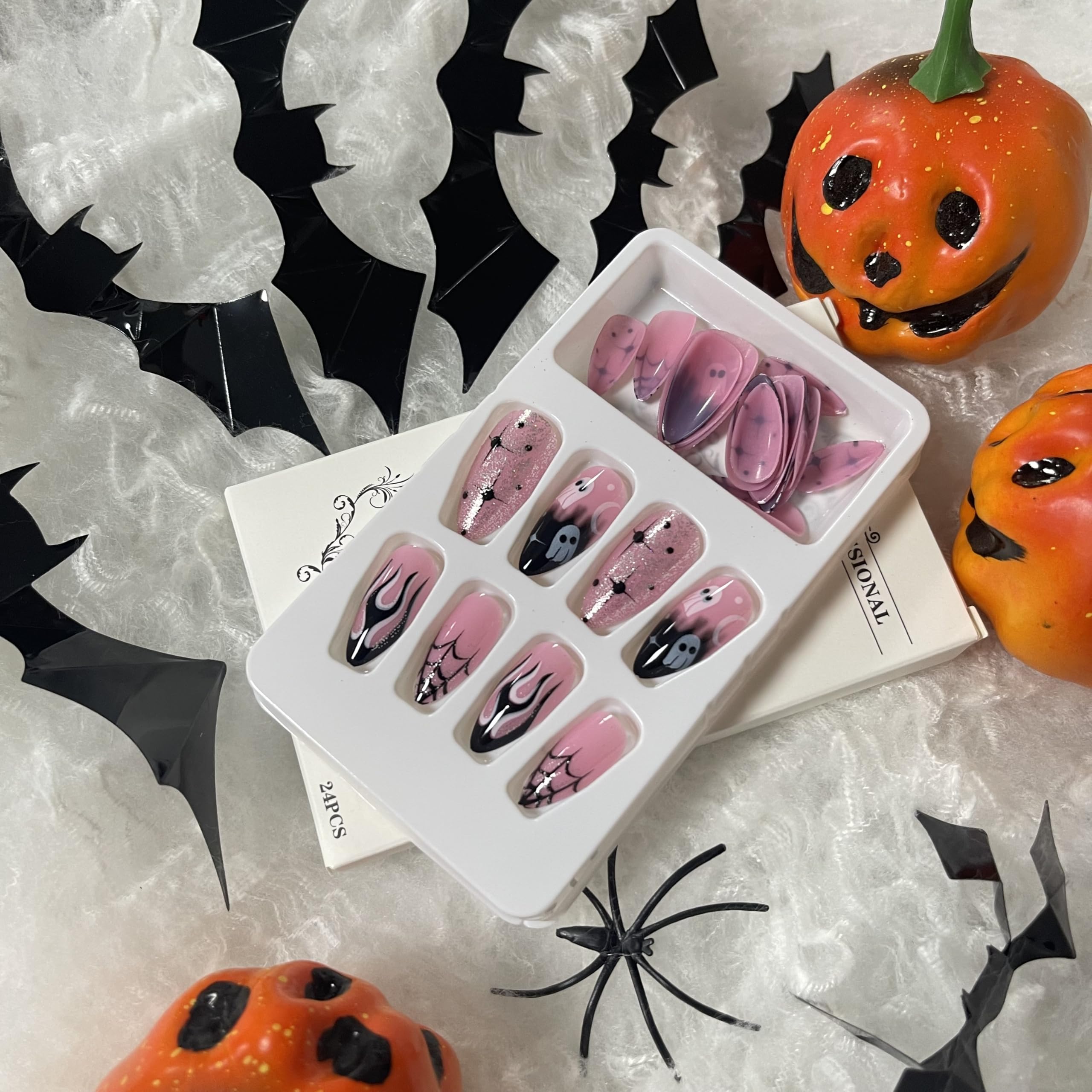 COCDLAN 24Pcs Halloween Press on Nails Middle Almond Fake Nails with Cute Halloween Ghost and Flame Designs, Black French Tips Press on Nails Glossy Acrylic Nails Full Cover False Nail for Women - Image 3