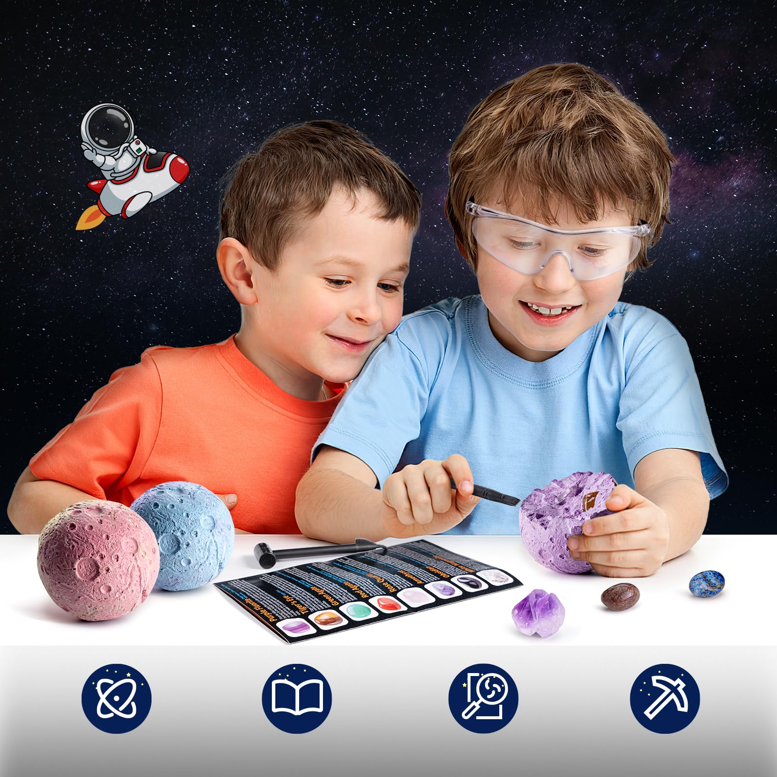 GobiDex Ausgrabungsset für Kinder, Natürliche Edelsteine und Kristalle, Mineralien Steine für Kinder ab 6 7 8 9 10, Mond Schatzsuche Spielzeug, Sonnensystem, Planeten Geschenk für Jungen und Mädchen 5