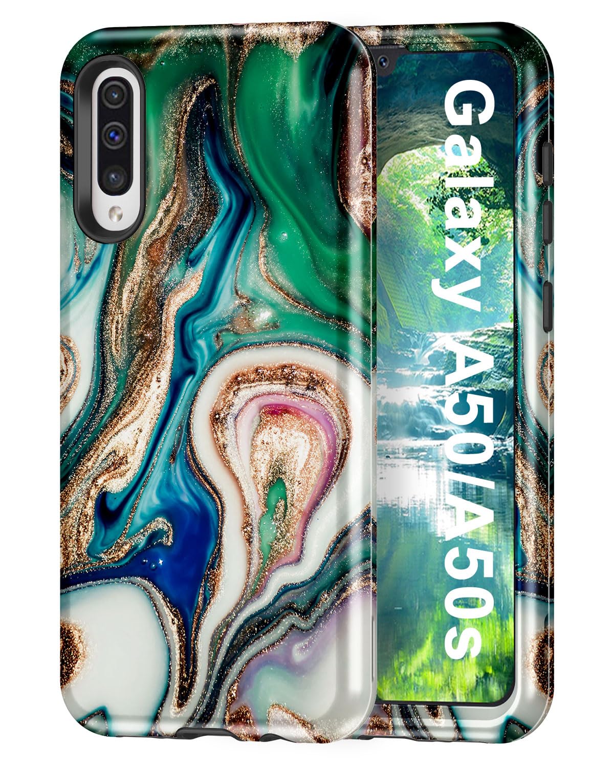 Btscase for Samsung Galaxy A50 Case Magnetic with Hinge Protection,[Built-in Front Screen Protector] [Compatible with MagSafe] Marble Slim Full Body Protective Shockproof Women Men Case,Blue