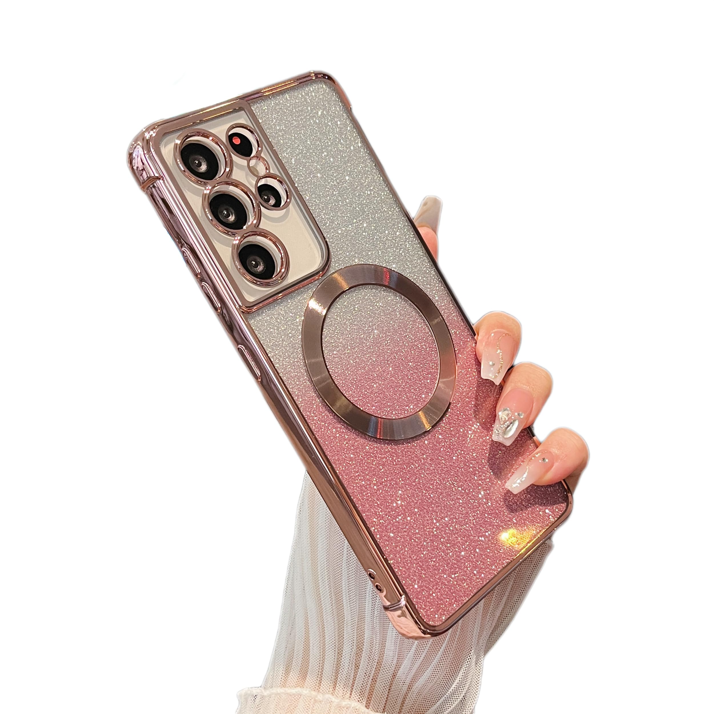 Photo 1 of ZTOFERA Clear Magnetic Case for Samsung Galaxy S21 Ultra 5G with Gradient Glitter Peice(2 in 1), Luxury Plating Cute Bling Sparke Shockproof TPU Protective Phone Case for Women Girls-Rose Gold
