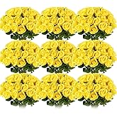 Jexine 100 Pieces Artificial Roses Flowers Bulk, Long Stem Realistic Fake Silk Roses Bouquet for Table Centerpiece Vases Wedding Party Kitchen Decor(Yellow)