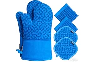 SHAWNTOO Oven Mitts and Pot Holders Sets 6pcs, Kitchen Oven Glove,High Heat Resistant 550 Degree Extra Long Oven Mitts and Potholders with Non-Slip Silicone Surface for Home Essentials (Grey) (Navy Blue)