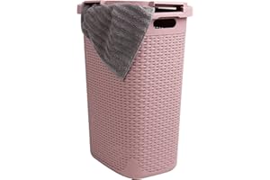 Mind Reader Slim Laundry Hamper with Lid, 60L Clothes Basket, Premium Wicker Design, Plastic, Pink