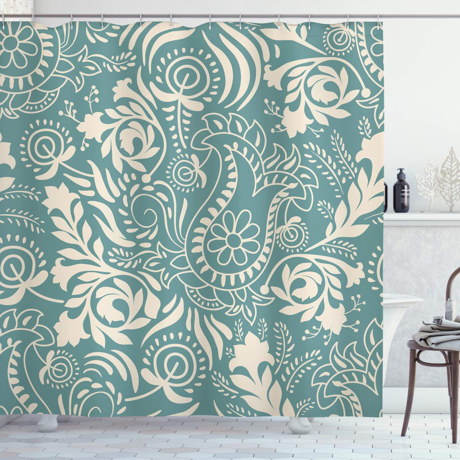 ABAKUHAUS Floral Shower Curtain, Marrakech Ornament with Abstract Paisley Style Nature Inspired Motifs, Cloth Fabric Bathroom Decor Set with Hooks, 86 Inches Extra Long, Teal and Beige