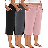Neer 3 Pack Women's Plus Size Cotton Capris, Stretchy Wide Leg Cropped Pants with Pockets Loose Lounge Pajama Sweatpants