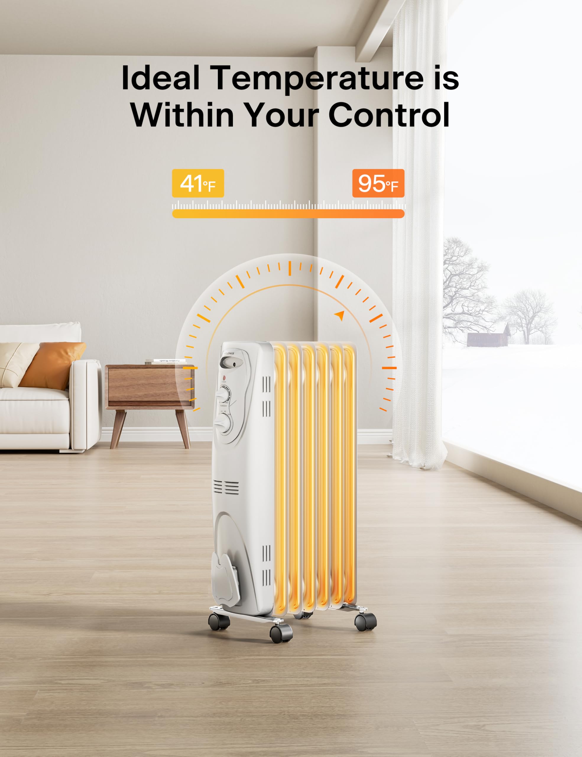 PELONIS PHO15A2AGW, Basic Electric Oil Filled Radiator, 1500W Portable Full Room Radiant Space Heater with Adjustable Thermostat, White, 26.10 x 14.20 x 11.00 in