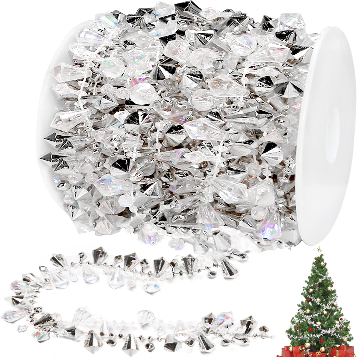 Wreaths, Garlands & Swags - Jishi 16ft Christmas Garland Christmas Tree Silver Bead Decor, Clear Iridescent Silver Bead Garland Twist Bead String for Christmas Tree Decoration, Rustic Crystal Garland Ornaments Home Decorations
