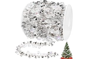 Jishi 16ft Christmas Garland Christmas Tree Silver Bead Decor, Clear Iridescent Silver Bead Garland Twist Bead String for Christmas Tree Decoration, Rustic Crystal Garland Ornaments Home Decorations