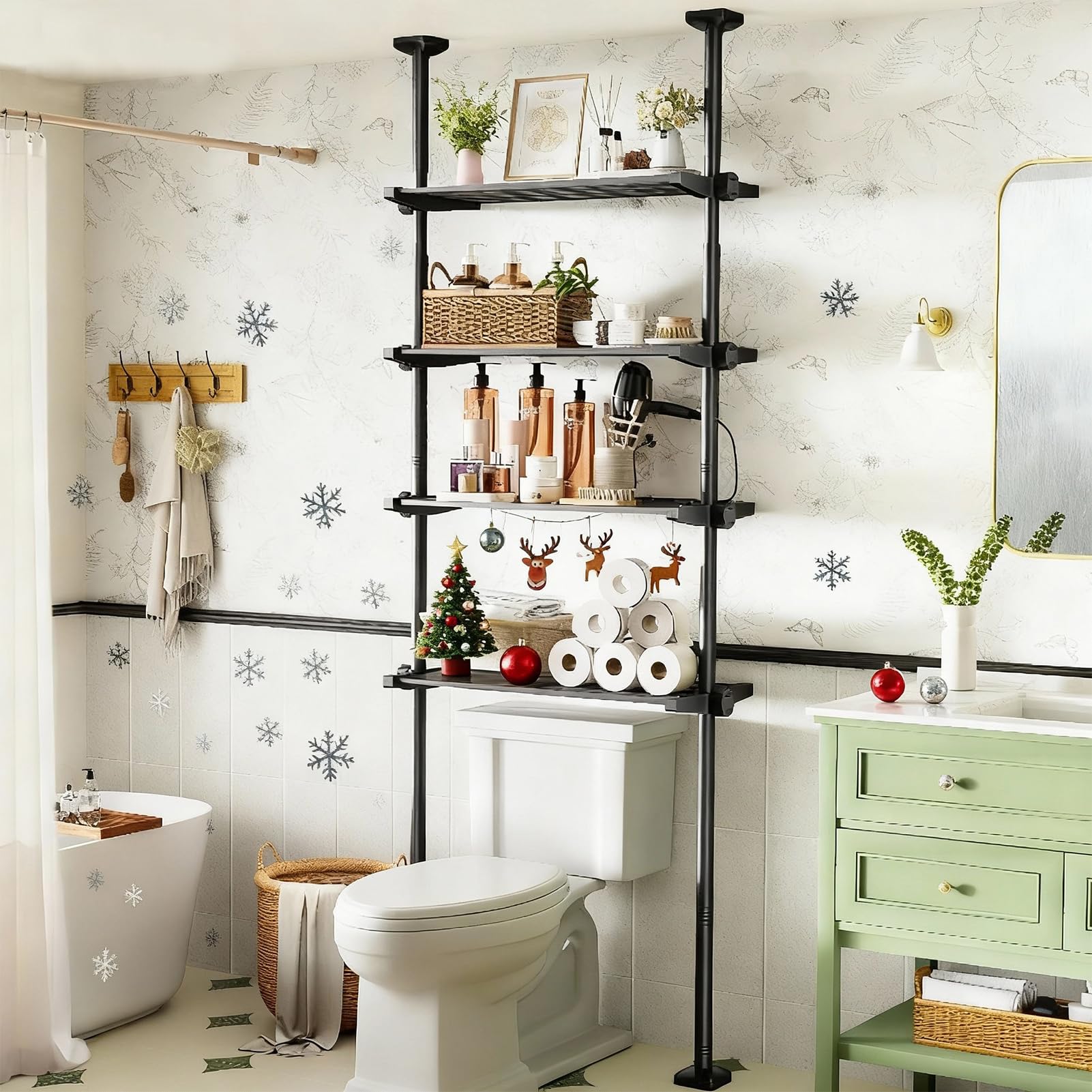 Photo 1 of Bonpally Over The Toilet Storage Shelf, 4-Tier Adjustable Bathroom Organizer, No Drill Tension Mounted Shelves, Space-Saving Bathroom Cabinet Rack Above Toilet for Small Rooms, Black