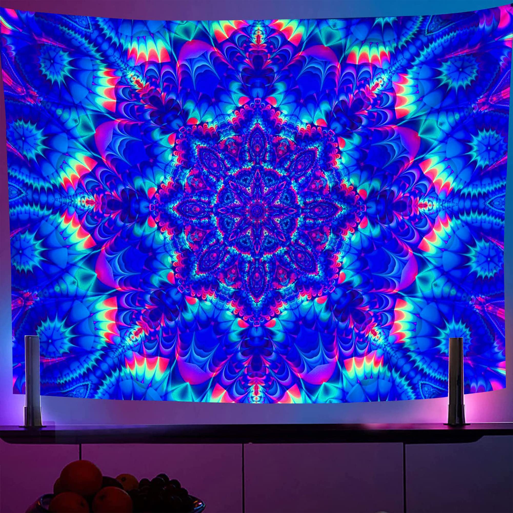OSVINO Blacklight Mandala Tapestry 150x130CM Psychedelic Boho Tapestry Colorful Backdrop Bohemian Room Decor UV Reactive Hippie Wall Posters for Bedroom, Mandala