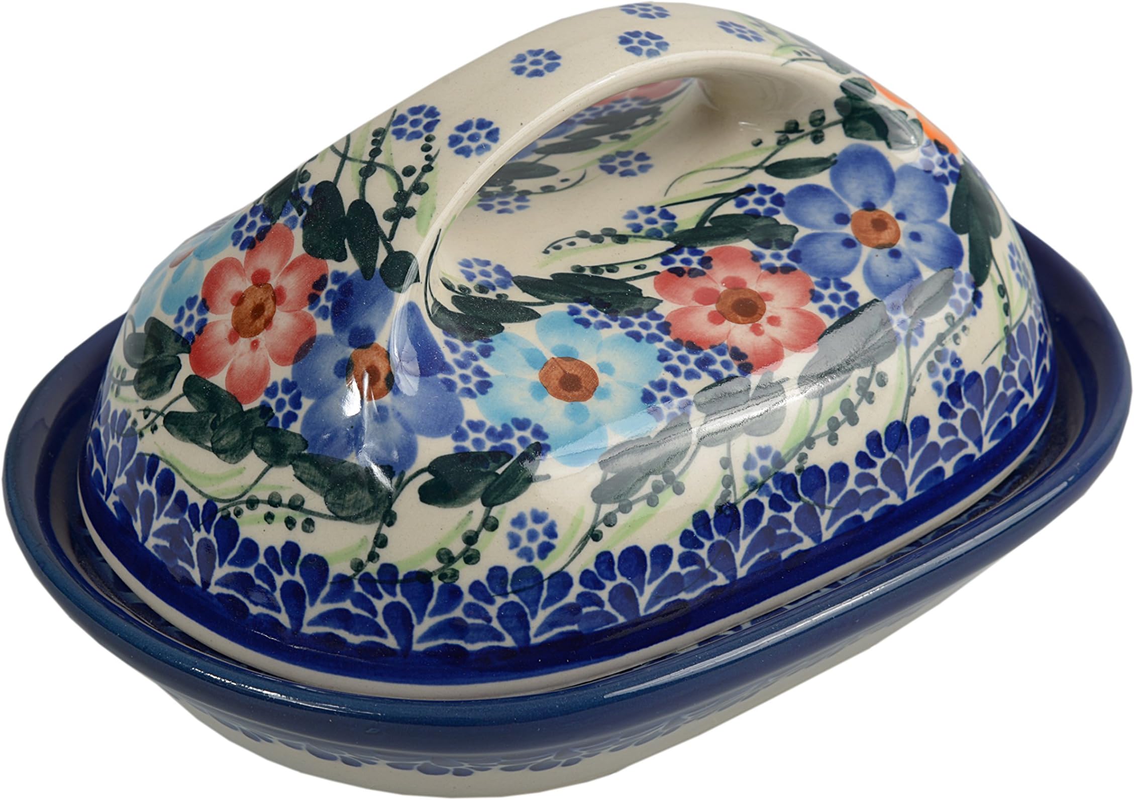 Traditional Polish Pottery, Handcrafted Ceramic Butter Dish with Lid (weight 690g), Boleslawiec Style Pattern, B.201.GARLAND