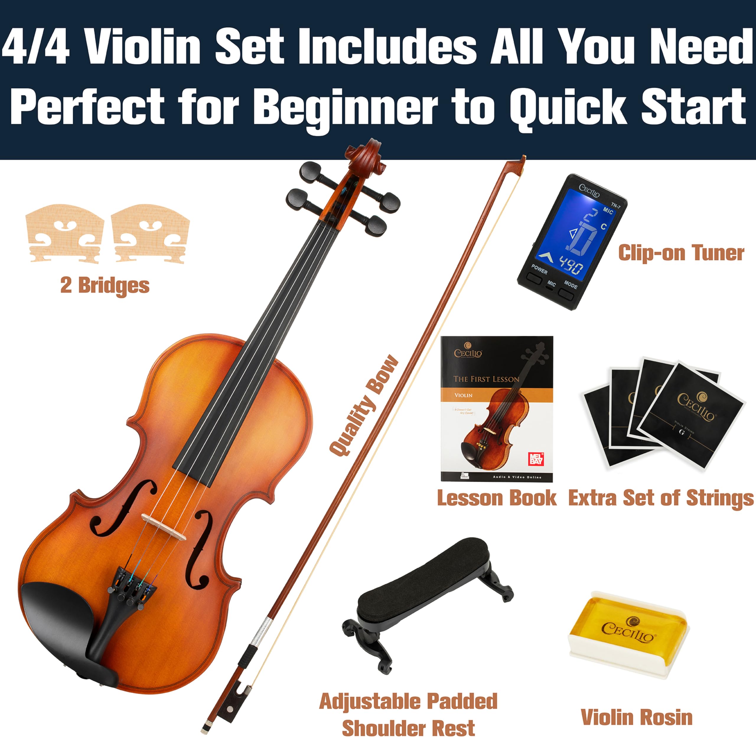 Mendini By Cecilio Violin 4/4 Full Size For Beginners - Fiddle Solidwood Kit with Hard Case - Acoustic Violins with Bow, Rosin, Tuner, Extra Strings & Bridge, Shoulder Rest and Lesson Book