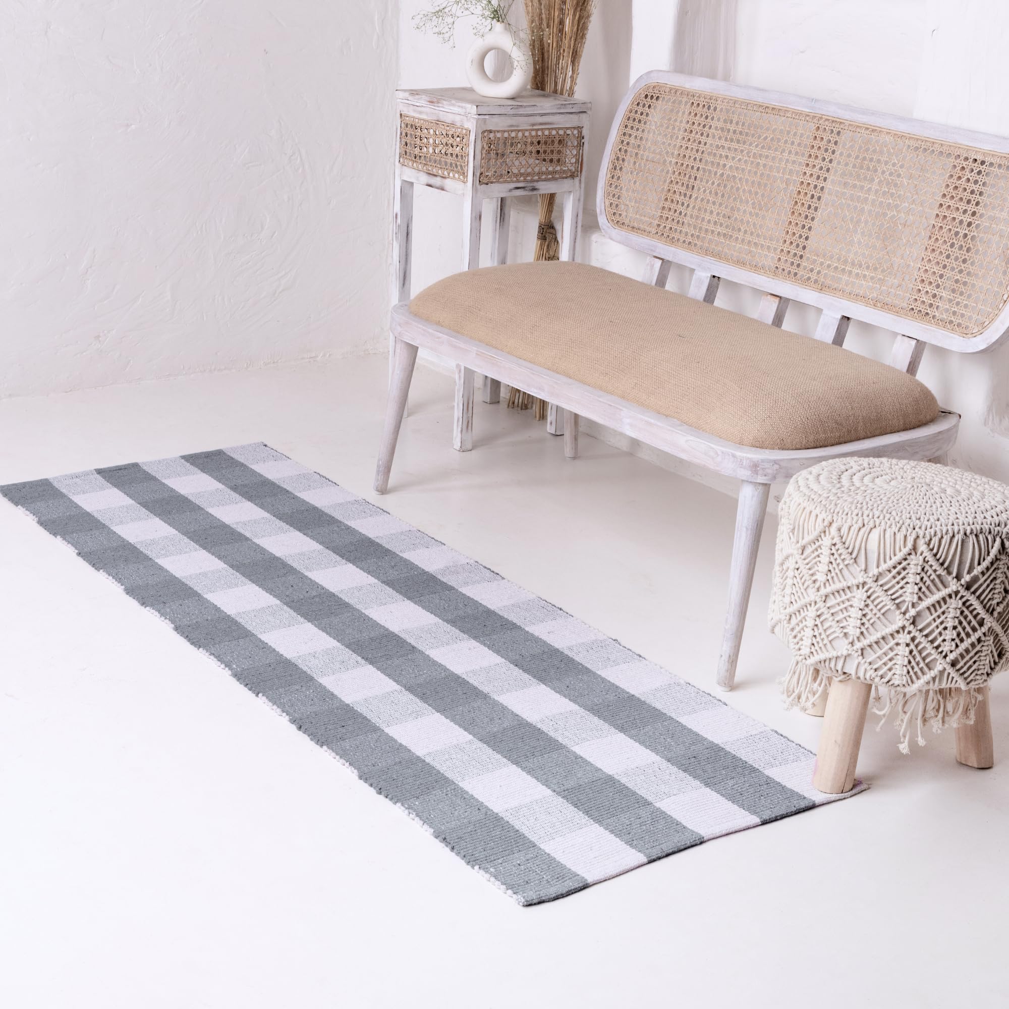 RAJRANG Checkered Cotton Rug – Tradewinds Grey White Washable Runner for Kitchen, Hallways, Porch, Entryway, Living Room – Cotton Outdoor Rug Mat for Indoor Spaces, 60x183 cm