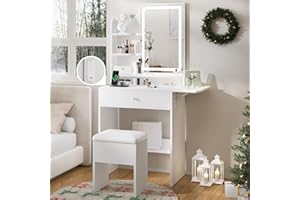 Haewon White Small Vanity Desk Set with Mirror and Lights, Mini Makup Table with Chargin Station and Storage Chair for Compact Space Bedroom