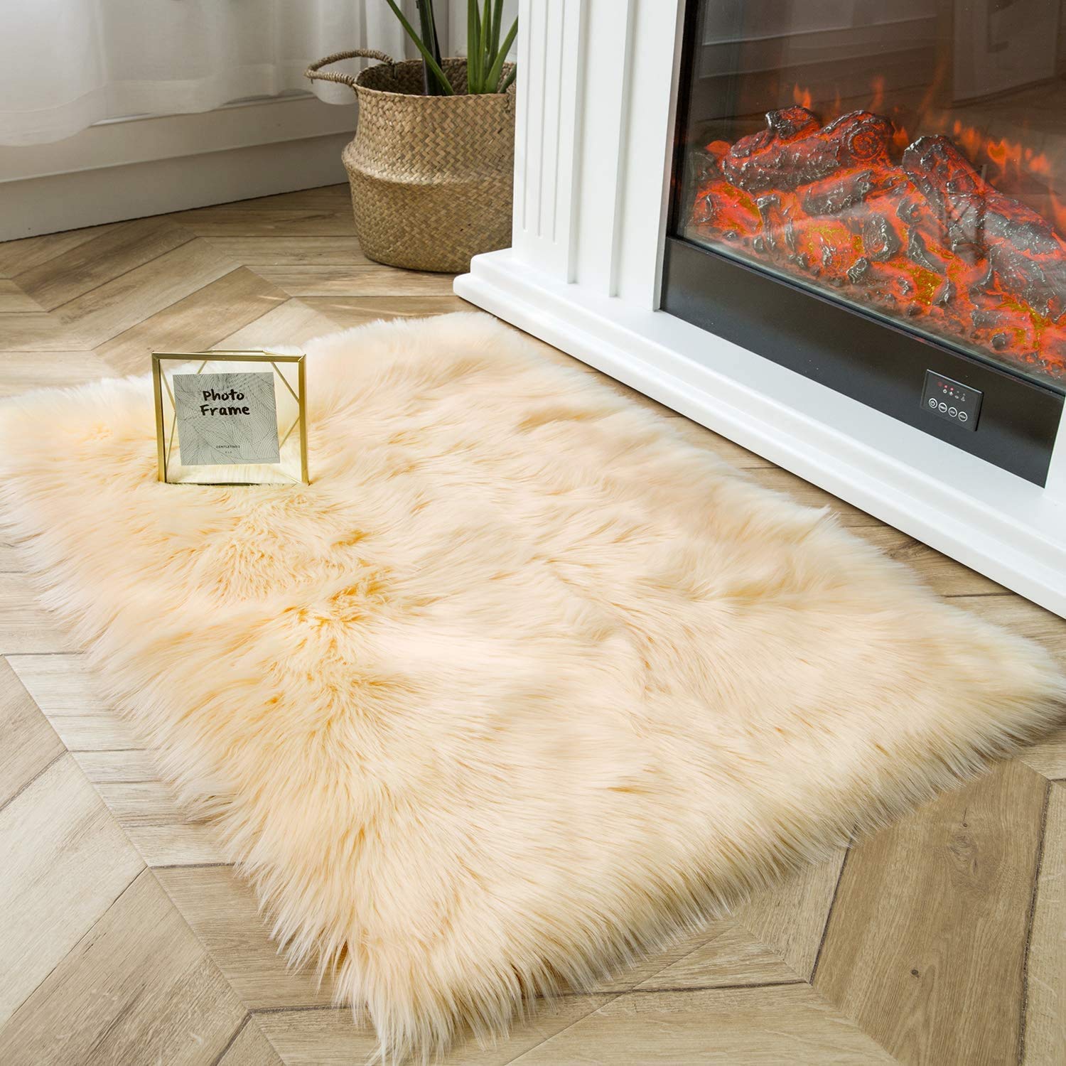 Ashler Soft Faux Sheepskin Fur Chair Couch Cover Area Rug for Bedroom Floor Sofa Living Room Yellow Rectangle 2 x 3 Feet
