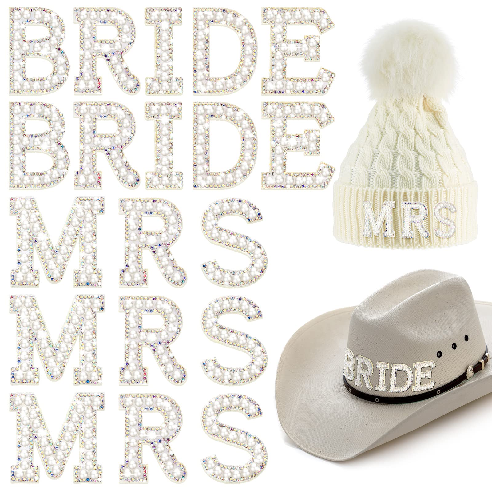 Photo 1 of 19 Pcs Iron on Letters Patches Bride Pearl Rhinestone Mrs Letter for Clothing English Glitter Pearls Wedding Applique Bling Rhinestone Sew on Letters for DIY Craft Fabric Jackets Bags Hats White