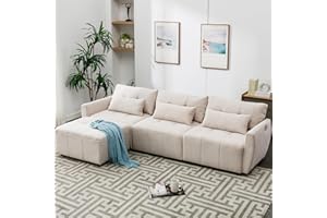 P PURLOVE L-Shape Sectional Sofa, Convertible Sectional Living Room Sofa Set, Chenille Sectional Couch with Movable Ottoman and USB for Living Room, Salon, Include 3 Pillows (Beige)