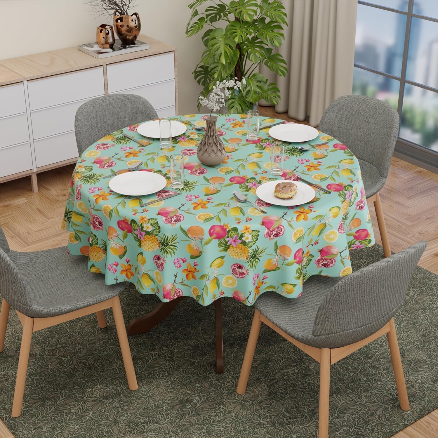 Encasa XO Polyester Printed Tablecloth, Twill Fabric Table Cover, Water Repllelant, Length 140 cm-Round for 4 Seater Rectangular Dining Table. Machine Washable, Durable - Pineapple — image 1
