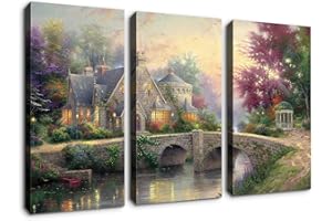 Denozer - 3 Panels Canvas Wall Art Thomas Kinkade Garden Landscape Oil Painting for Home Decor Stretched and Framed Ready to Hang - 20"x40"x3 Panels Wall Decor