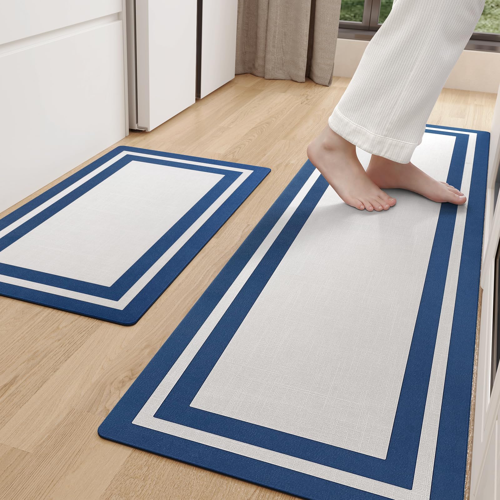 Color G Super Absorbent Kitchen Rug 44 x 75 + 44 x 150 cm, Quick Dry Kitchen Mats Non Slip Washable, Kitchen Carpet Runners for Kitchen, Dining Room, Laundry Room (Blue)