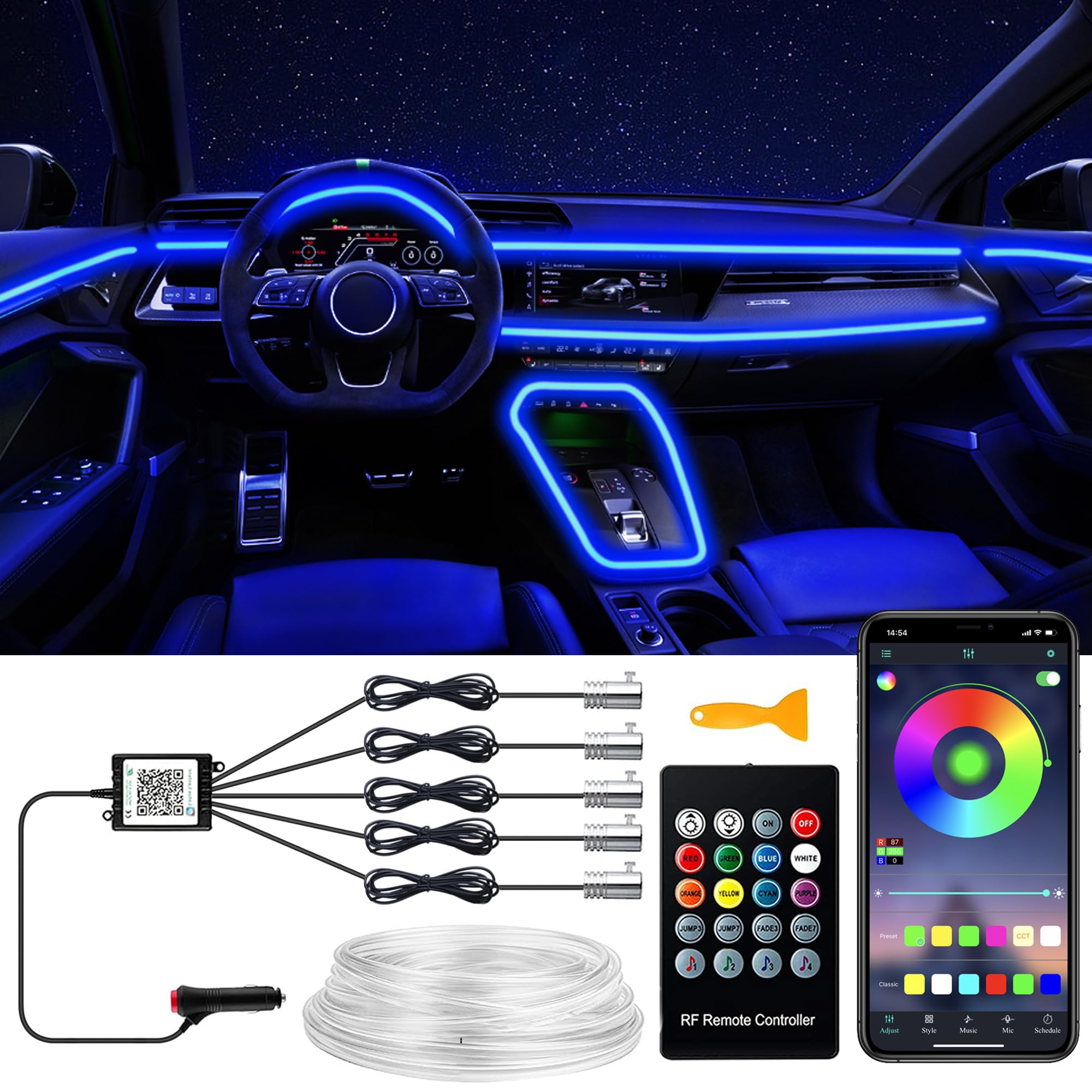 Photo 1 of SAMGCHI Interior Car Lights, 5 in 1 RGB Ambient Lighting Kits with Wireless APP and Remote Control, 16 Million Colors Interior Car LED Strip Lights with 236 inches Fiber Optic, Sync to Music