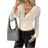 SOLY HUX Women's Swiss Dots T Shirt Cowl Neck Draped Long Sleeve Ruched Tee Going Out Crop Tops