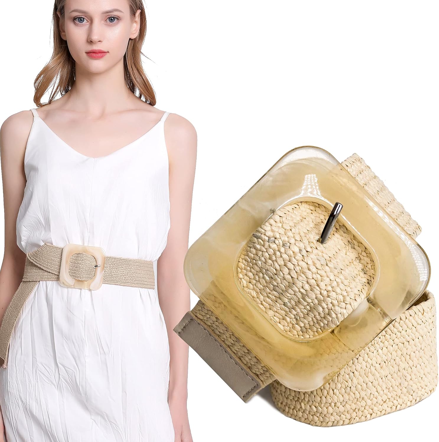 J.S ONDO Raffia Belt Size 95 cm, Women's Square Elastic Raffia Belts