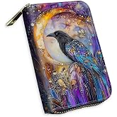 KUJKBFWJ Small Credit Card Case Wallet for Women, Black Raven Moon, RFID Blocking Mini Slim Leather Card Holder Wallet, Pocket Business Card Case with Zipper Card Holder