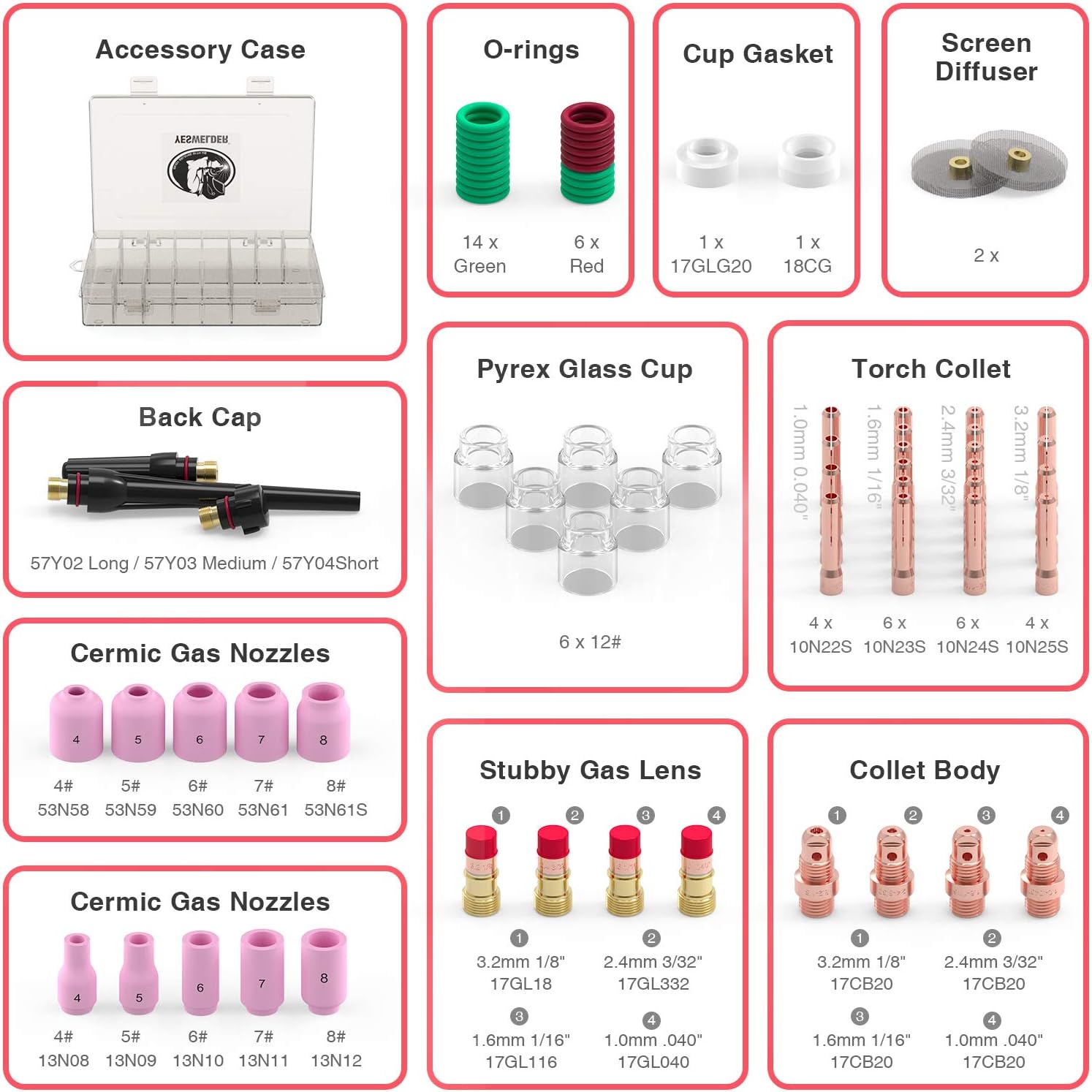 YESWELDER 71PCS TIG Welding Torch Stubby Gas Lens #12 Pyrex Glass Cup Kit For WP-17/18/26 - - 