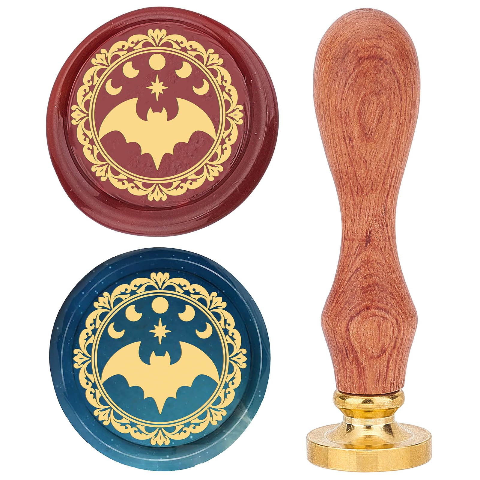 CRASPIRE Bat Wax Seal Stamp 25mm Halloween Moon Phases Lace border Sealing Wax Stamps Retro Rosewood Handle Removable Brass Head for Wedding Invitations Envelopes Christmas Thanksgiving Gift Packing