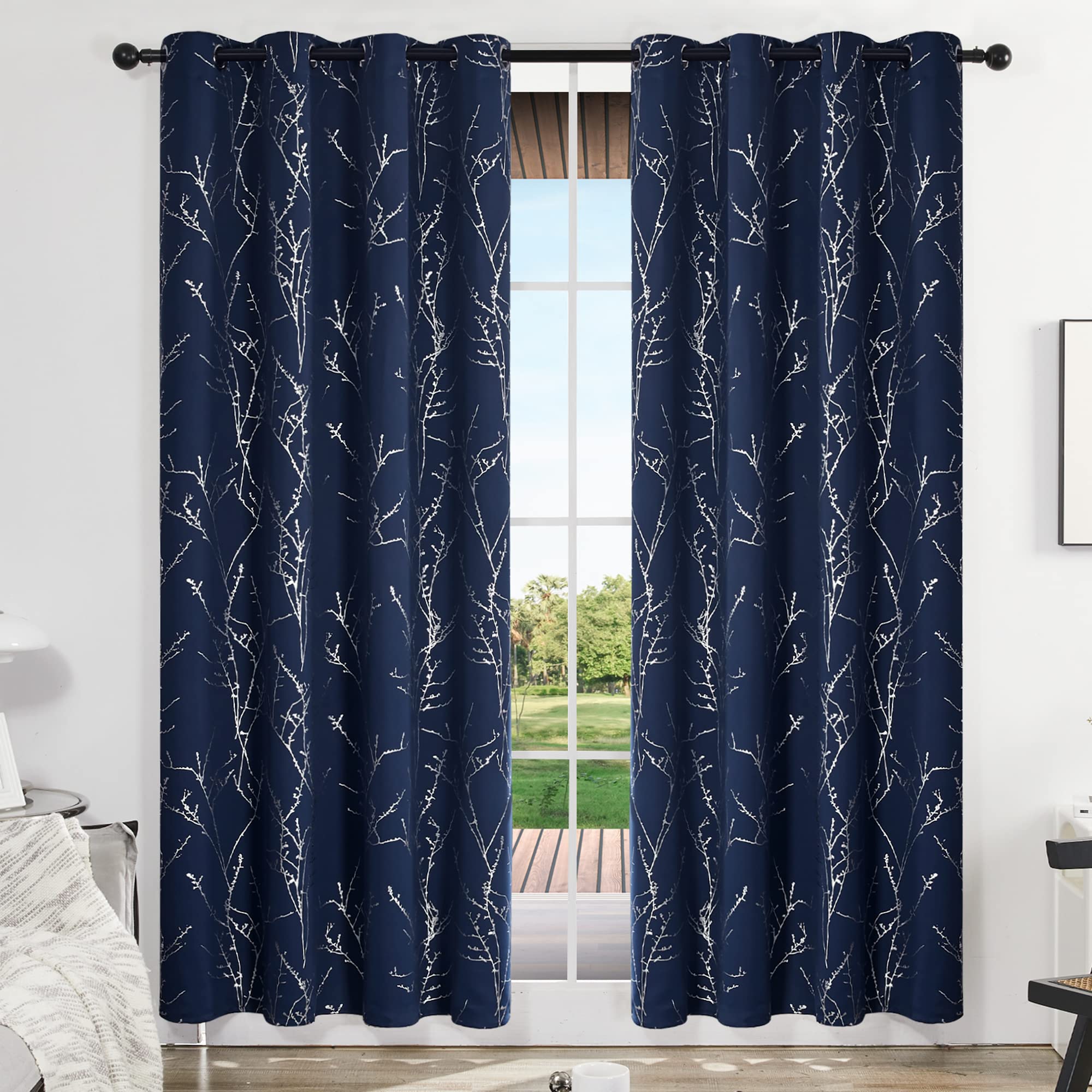 Deconovo Blackout Curtains Eyelet, Silver Tree Branches Printed Curtains for Living Room, Navy Blue, 66 x 90 Inch (Width x Length), 2 Panels