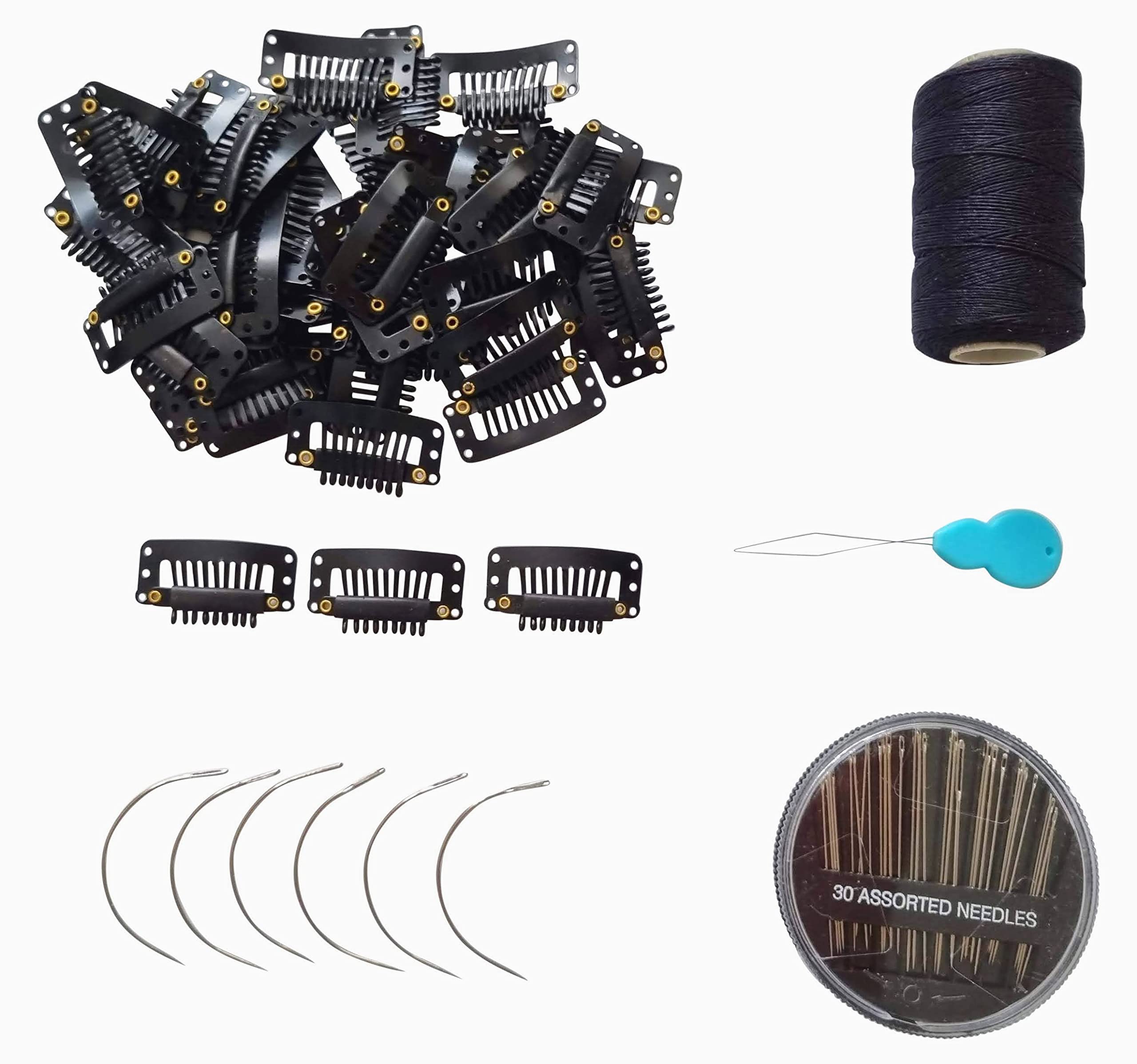 Estellar Pro Wig Clips Set - Hair Extension Snap Hair Clips Wig Grip 9-Teeth - Wigs Making Set - Weave Wefts - Needles Thread Weaving Kit - Black
