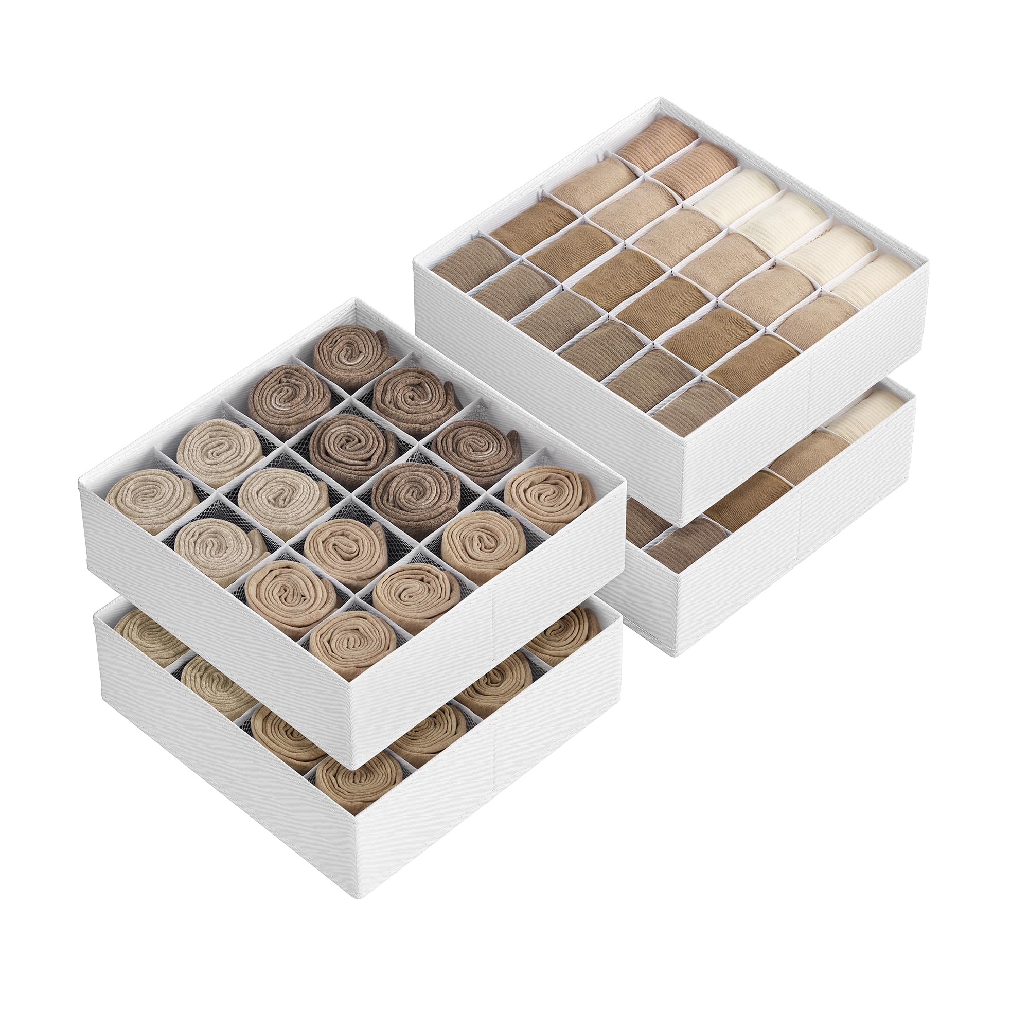 SONGMICS Set of 4 Drawer Organisers, 80 Compartments (2x16+2x24), Foldable Closet Organiser, 30 x 30 x 10 cm, Boxes for Socks, Underwear, Belts, Cloud White RUS011W01